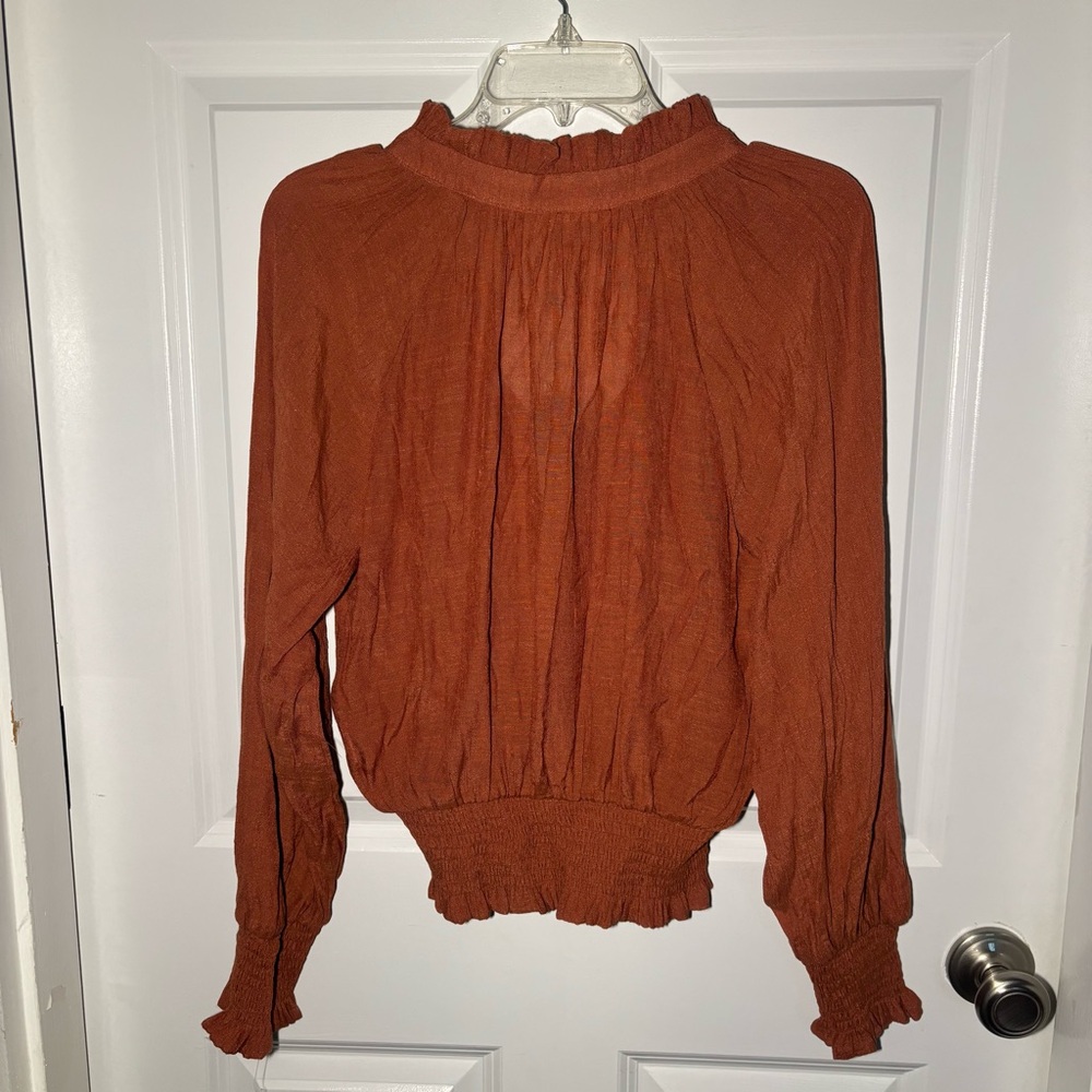Articles of Society‎ Rust Smocked Waist Ruffle Neck Long Sleeve Blouse Medium - Picture 4 of 7